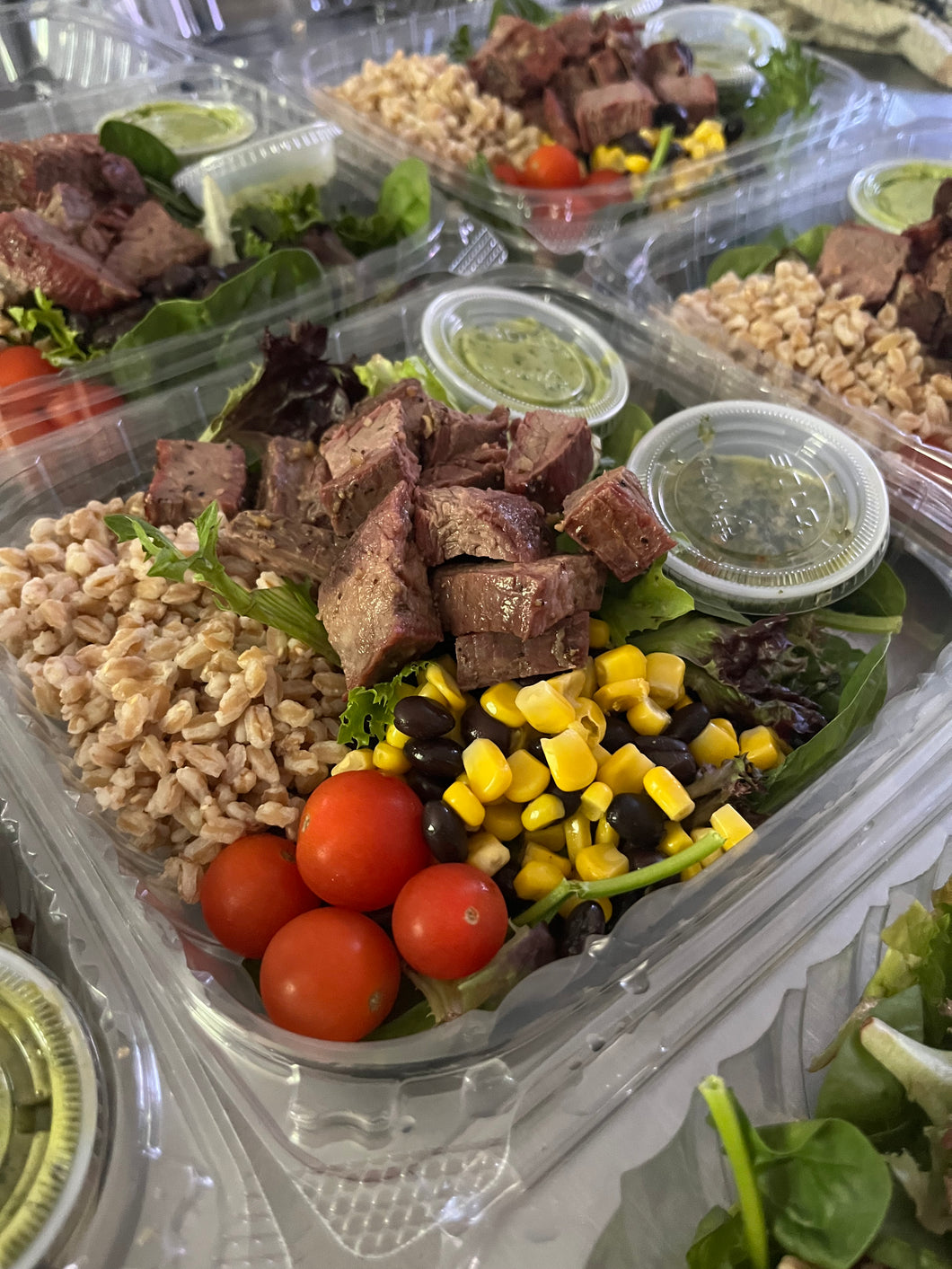 Steak grain bowl with chimi and creamy jalapeño dressing