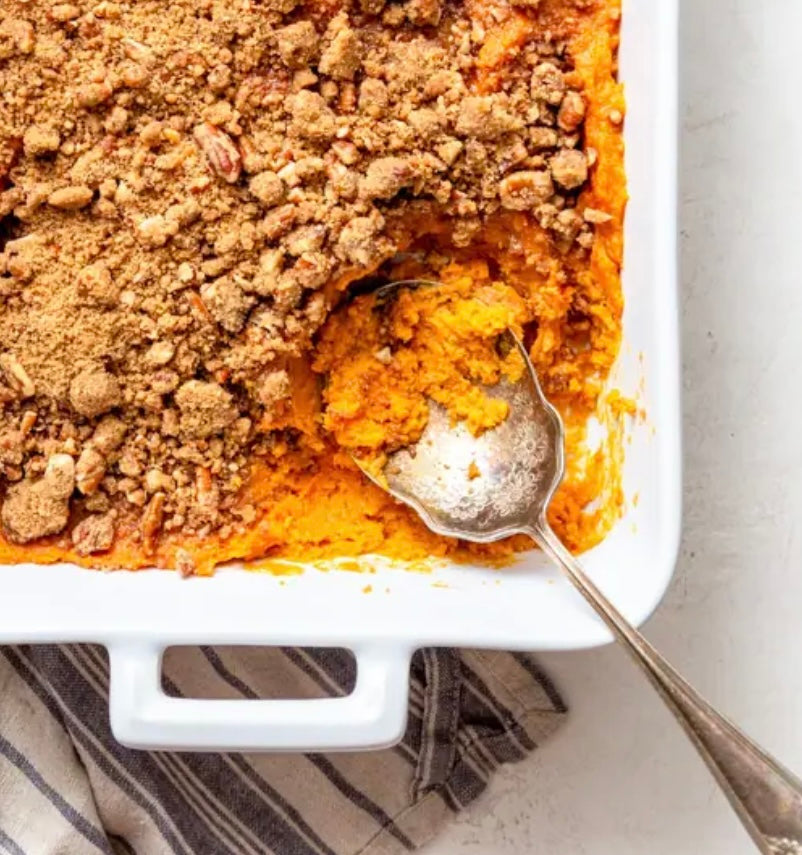 Sweet potato casserole with coffee-pecan streusel