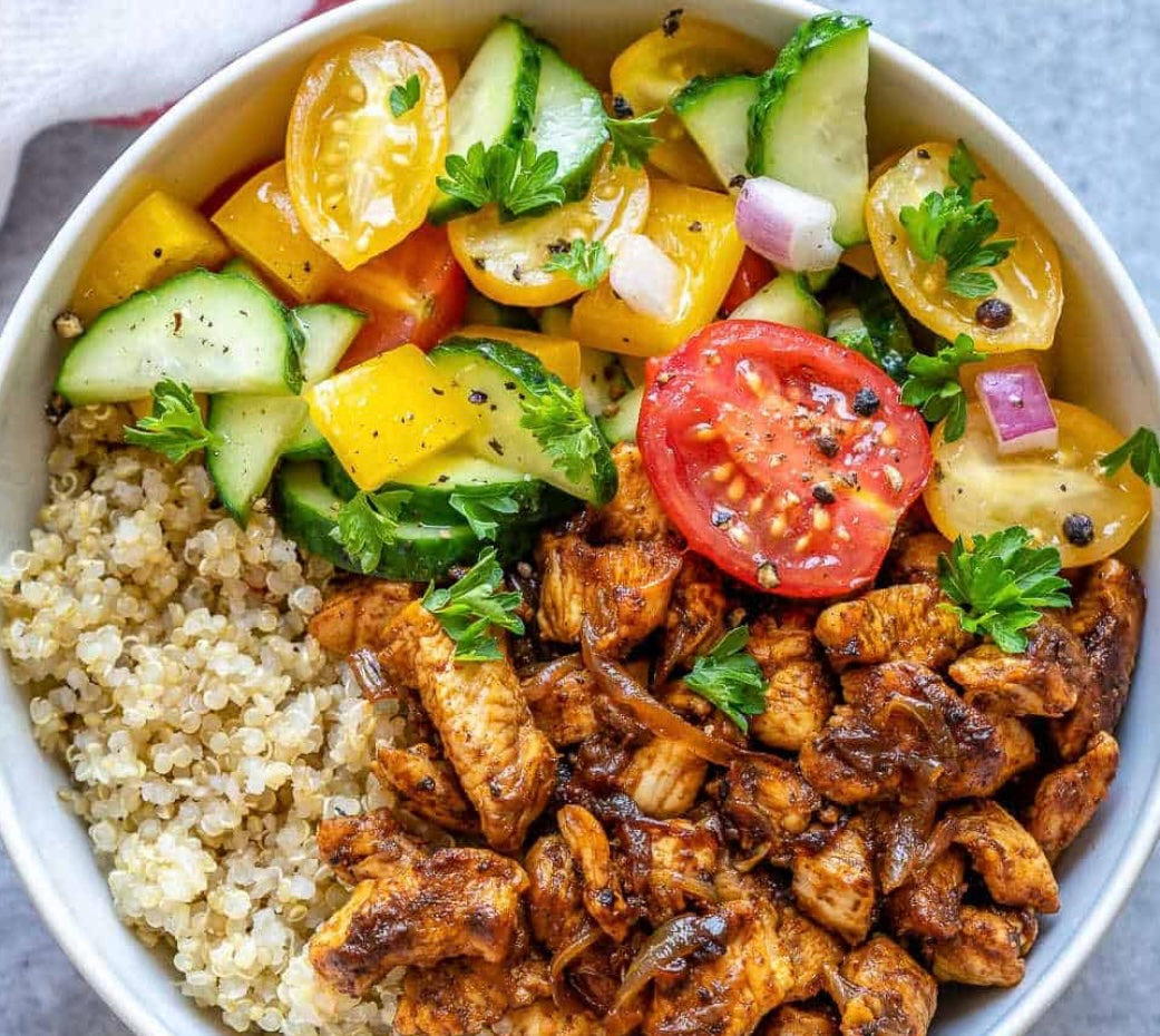 Shawarma chicken over quinoa