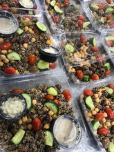 Load image into Gallery viewer, Greek quinoa bowl (tomato, cucumber, red onion, kalamata olives, chickpeas, tahini dressing, feta on the side)
