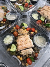 Load image into Gallery viewer, Greek quinoa bowl (tomato, cucumber, red onion, kalamata olives, chickpeas, tahini dressing, feta on the side)
