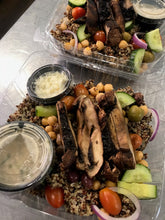 Load image into Gallery viewer, Greek quinoa bowl (tomato, cucumber, red onion, kalamata olives, chickpeas, tahini dressing, feta on the side)
