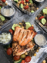 Load image into Gallery viewer, Greek quinoa bowl (tomato, cucumber, red onion, kalamata olives, chickpeas, tahini dressing, feta on the side)
