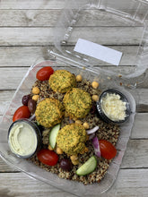 Load image into Gallery viewer, Greek quinoa bowl (tomato, cucumber, red onion, kalamata olives, chickpeas, tahini dressing, feta on the side)
